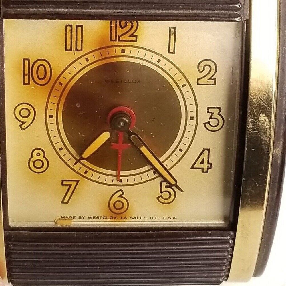Vintage Mid Century Westclock Travel Alarm Clock Brown Wind Up Bakelite MCM